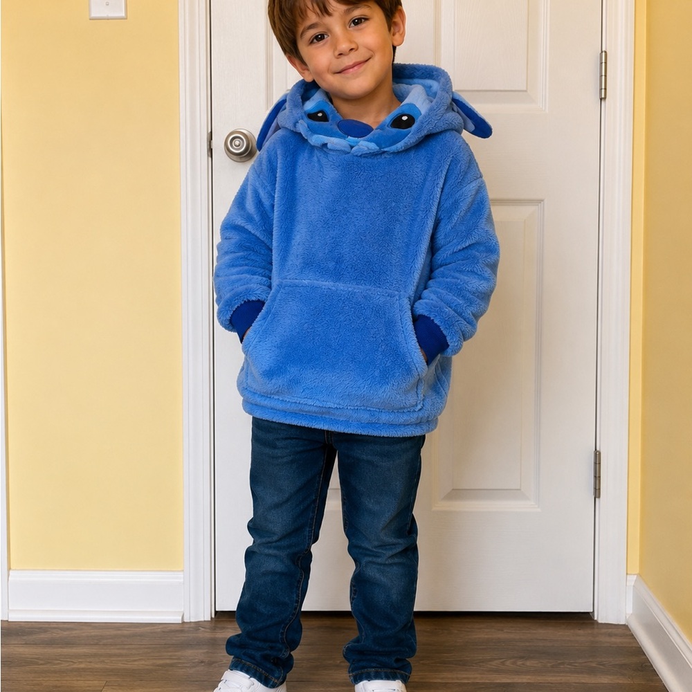Plush Blue Kids Hoodie with Character Hood